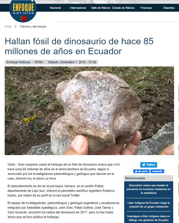 Investigadores descubren fósil de dinosaurio en Ecuador | Blog